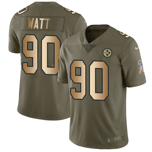 Nike Steelers #90 T. J. Watt Olive/Gold Men's Stitched NFL Limited Salute To Service Jersey - Click Image to Close